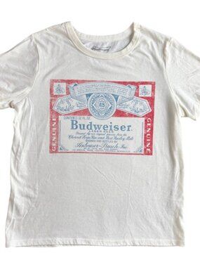Budweiser Vintage Label Graphic T-Shirt Cream Short Sleeve Womens Medium 2023